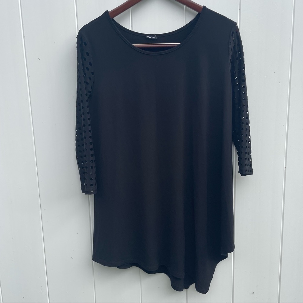 Clara Sun Woo Women’s Top Blouse 3/4 Sleeve Black Asymmetrical Point Hem
